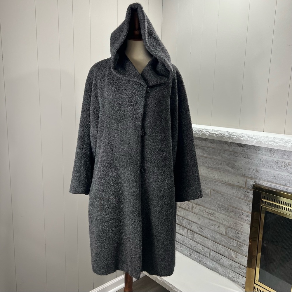 MaxMara Alpaca Wool Charcoal Grey Hooded Vintage Button Front Long Coat US 12